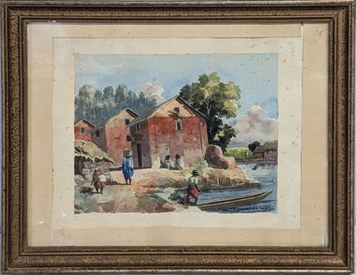 aquarelle encadrée représentant une scène de village avec des personnages et un bateau