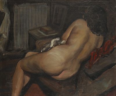 tableau représentant une femme nue assise sur une chaise dans une pièce sombre