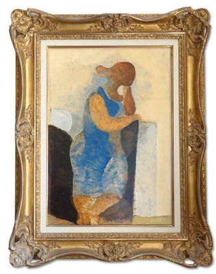 an image of a painting of a woman leaning against a wall