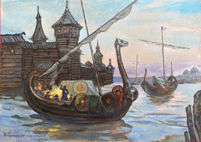 a painting of a boat in the water with people on it