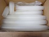 a cardboard box with a bunch of white plastic cups in it