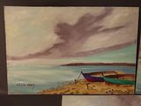 painting of two boats on a beach near a body of water