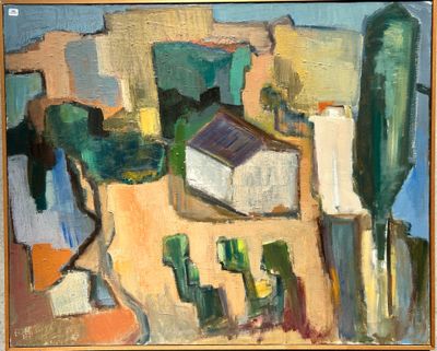 painting of a painting of a building with a green roof