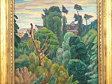 an oil painting of a landscape with trees and a house in the distance