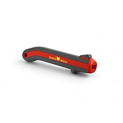 a close up of a red and black tool on a white surface