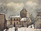 painting of a couple walking down a snowy street in front of a building