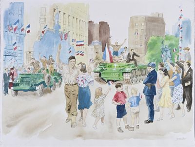 tableau représentant un groupe de personnes rassemblées autour d'un char dans une ville