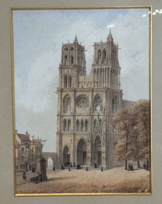 painting of a large cathedral with a clock on the front of it