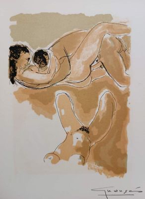 drawing of a nude woman laying on her stomach with a dog nearby