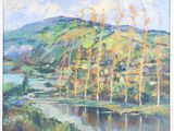 a painting of a mountain with trees and a river in the foreground