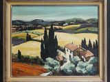 une peinture à l'huile représentant un paysage avec une maison et des arbres