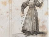 an old drawing of a woman holding a knife in her right hand