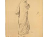 le dessin d'une femme vêtue d'une robe blanche, debout devant un fond blanc