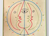 peinture représentant le visage d'une femme dans un cercle, avec des lignes et des points