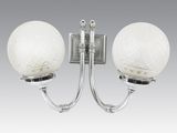 two light wall sconce with white glass shades on a silver background