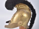 a gold helmet with a black feather on top of it