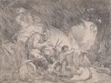 une image représentant un dessin d'un groupe de personnes dans une grotte