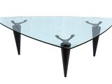 une photo d'une table basse avec un plateau en verre et des pieds noirs