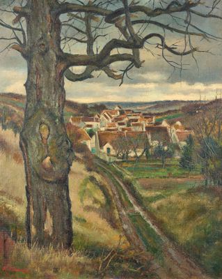 une image représentant un tableau d'un arbre avec un village en arrière-plan