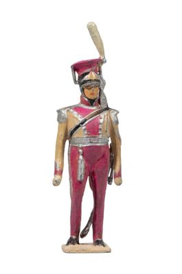 statue of a soldier in a pink uniform with a feather on his head