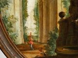an oil painting of a man and a dog in a garden