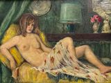un tableau représentant une femme nue assise sur une chaise jaune