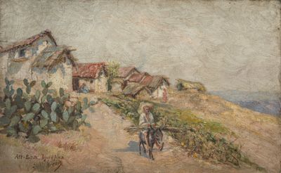 painting of a man riding a bike down a dirt road next to a building