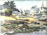 a watercolor painting of boats on the shore of a harbor