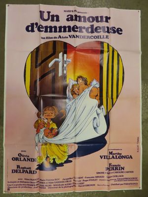 an old french movie poster of a woman and a child in a heart shaped room