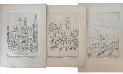 trois dessins représentant un château surmonté d'une tour horloge