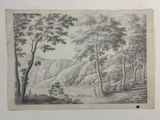 un dessin en noir et blanc représentant un paysage de montagne avec des arbres au premier plan