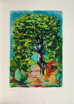 a painting of a tree in the middle of a dirt road