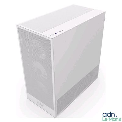 la face avant d'un boîtier d'ordinateur blanc posé sur une surface blanche