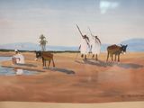 a painting of a group of people walking on the beach