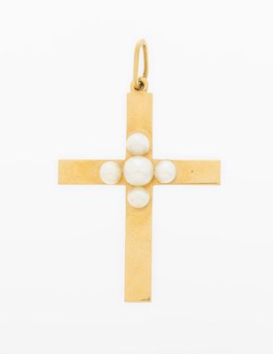 a gold cross pendant with pearls on a white background