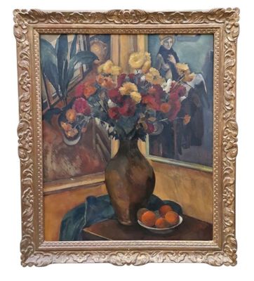 un tableau représentant un vase avec des fleurs et des oranges posé sur une table