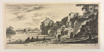 an old drawing of a castle with a river in the foreground