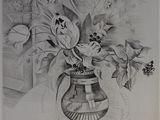 un dessin représentant un vase avec des fleurs à l'intérieur