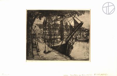 a drawing of a boat in the water by a tree