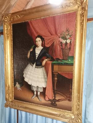 a painting of a young girl in a white dress and black jacket