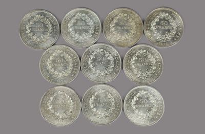 Dix PIECES de 50 francs argent Hercule.