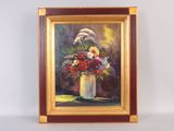 a painting of flowers in a vase on a table