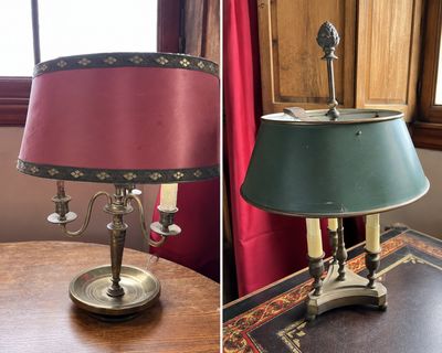 deux photos d'une table sur laquelle se trouvent une lampe et un livre