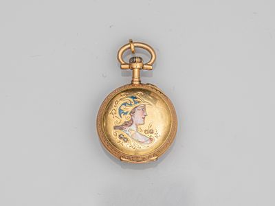 an image of a gold pocket watch with a woman ' s face painted on it