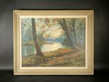 an oil painting of a river in a wooded area with trees