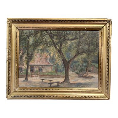 an oil painting of a park scene with a bench under a tree