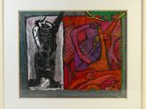 un tableau représentant un chat noir et un tableau représentant une femme, aux couleurs rouge et violet