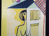 un tableau représentant une femme avec un parapluie sur fond noir