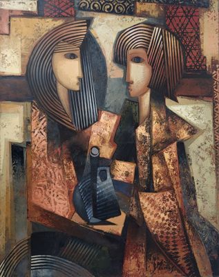 tableau représentant deux femmes avec une guitare devant un miroir