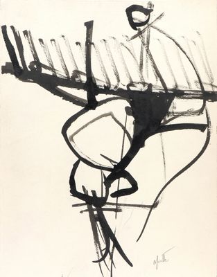 dessin représentant un homme assis sur une chaise, une guitare à la main